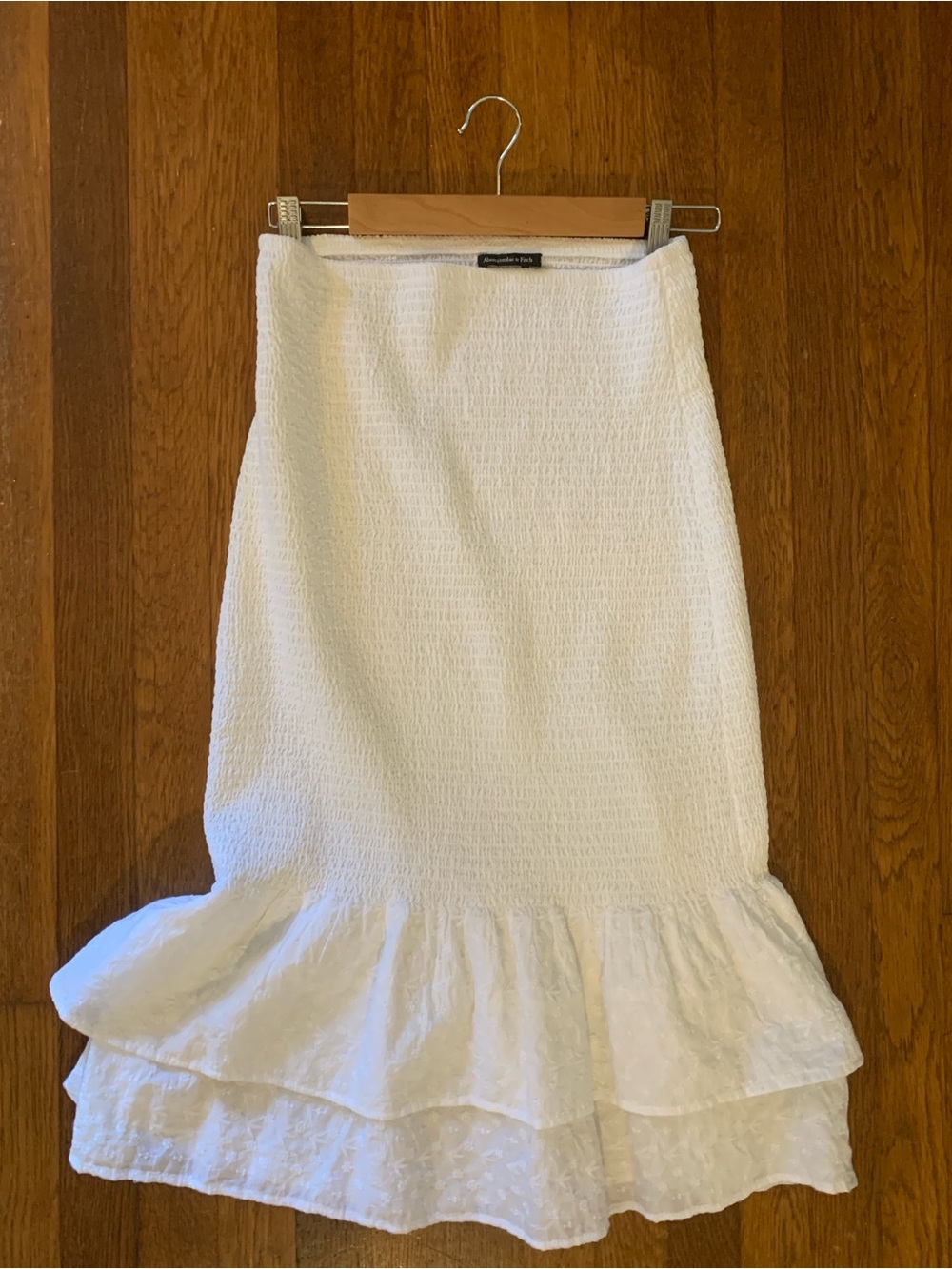 Women's White Ruffle Hem Midi Skirt with floral lace